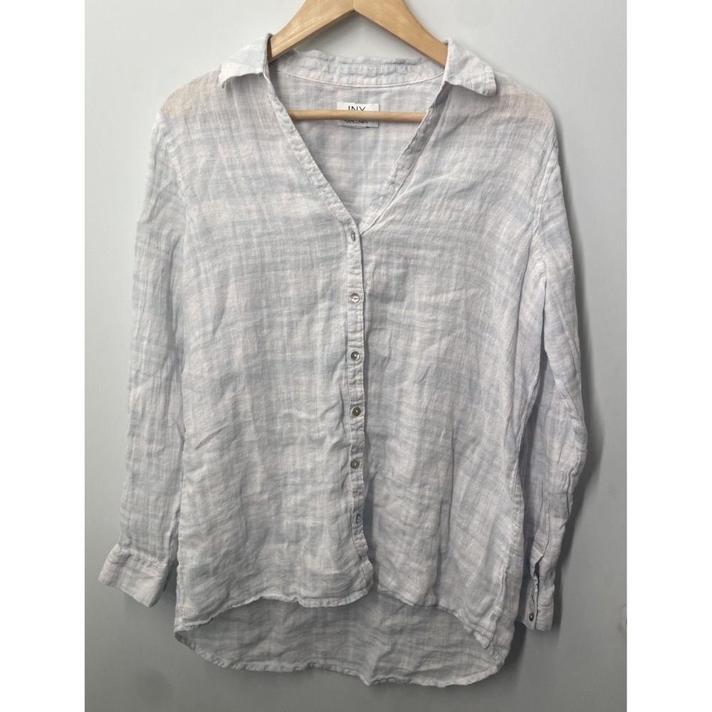 Jones New York Blue White Striped 100% Linen Button Down Shirt Womens Size Large